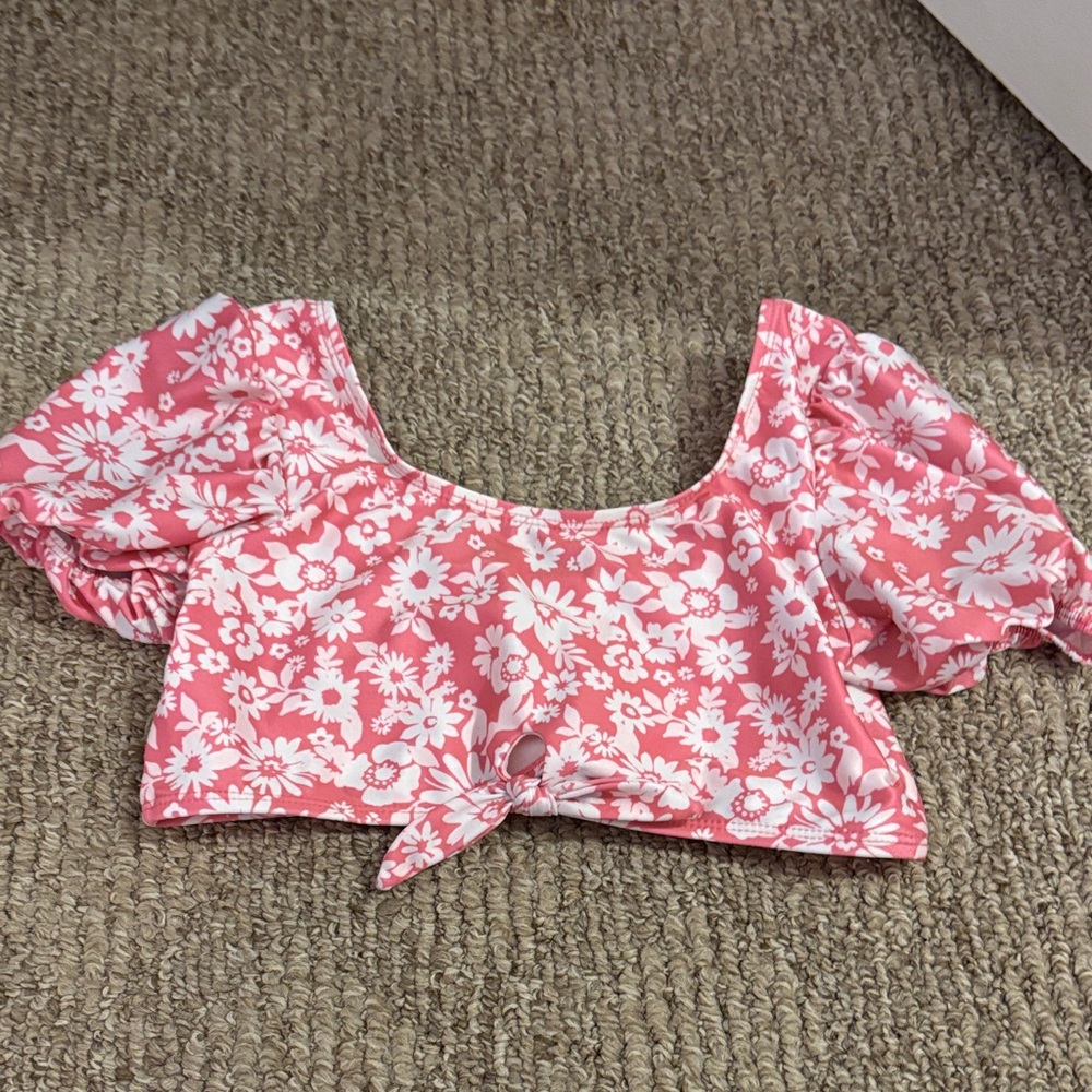 GAP Pink and White Floral Tie-Front Puff Sleeve Bikini Top